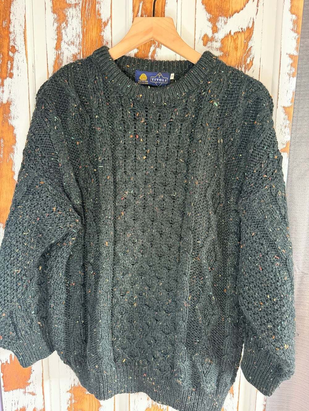 Tivoli Aran Vintage Cable Knit Crewneck Sweater S Dark Green 100% Pure New Wool